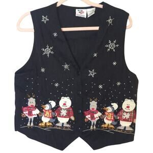 Nostalgic Vintage Winter Festival Embroidered Patchwork Holiday Vest Women's M.